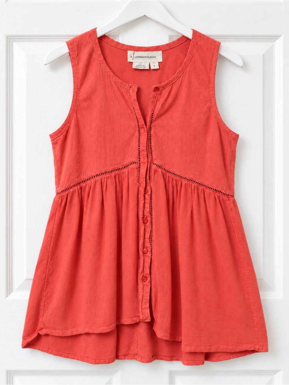 by Anthropologie Coral Sleeveless Tunic Top Size S Boho Babydoll Button Front -